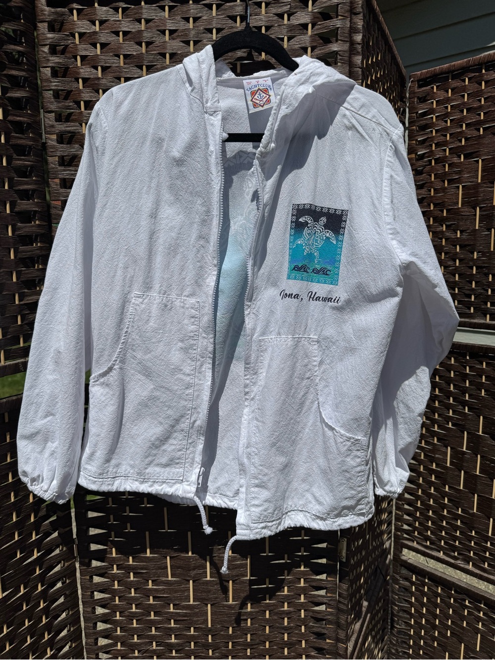 Yacht Club Women's White Hooded Zip Jacket with Kona Hawaii turtle graphics
